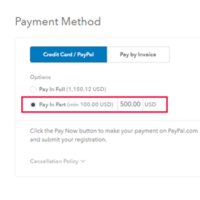 option to submit a partial payment during the initial registration process