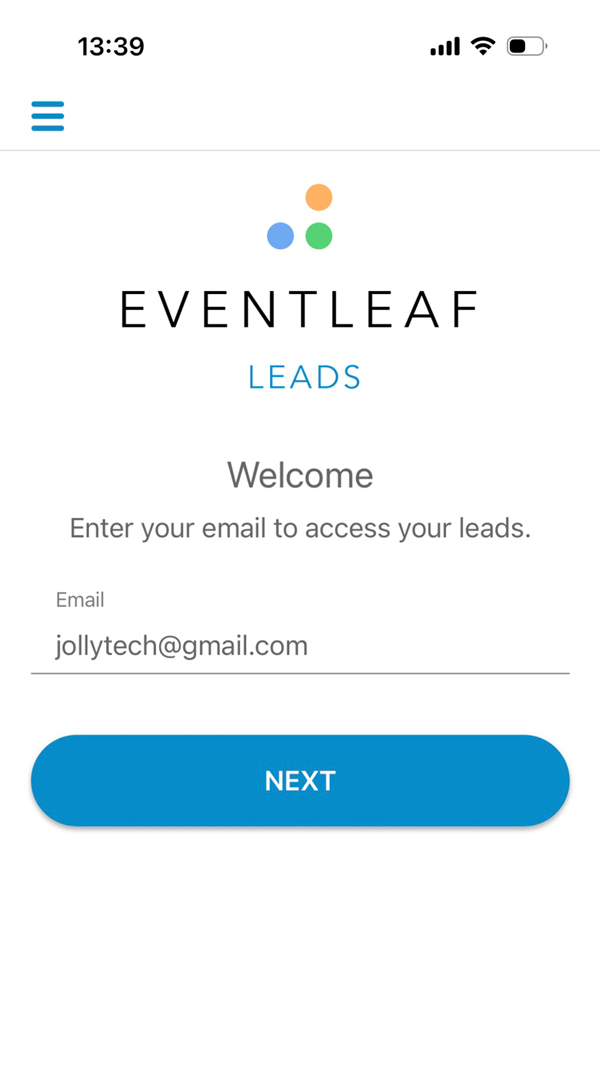 Open the Eventleaf Leads App and enter the email address and click on next