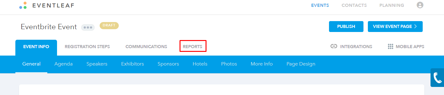Select your event and click on REPORTS.